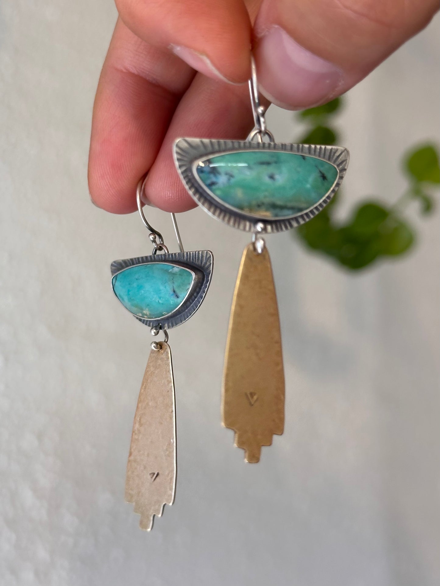 Fossil Opal Wood Rain Earrings - Sterling Silver and Brass