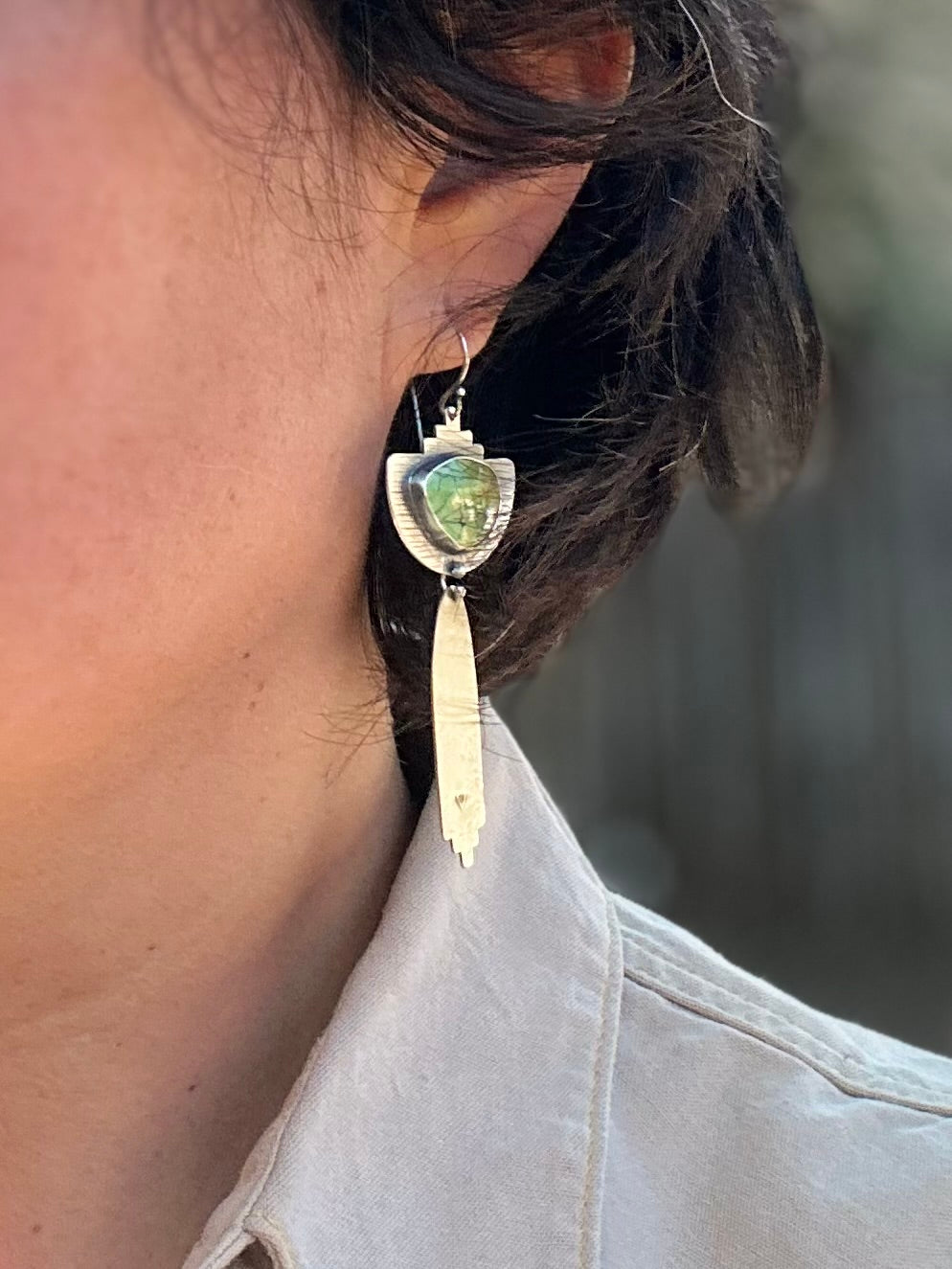 Nevada Turquoise Rain Earrings - Sterling Silver and Brass - Corn Husk Imprinted