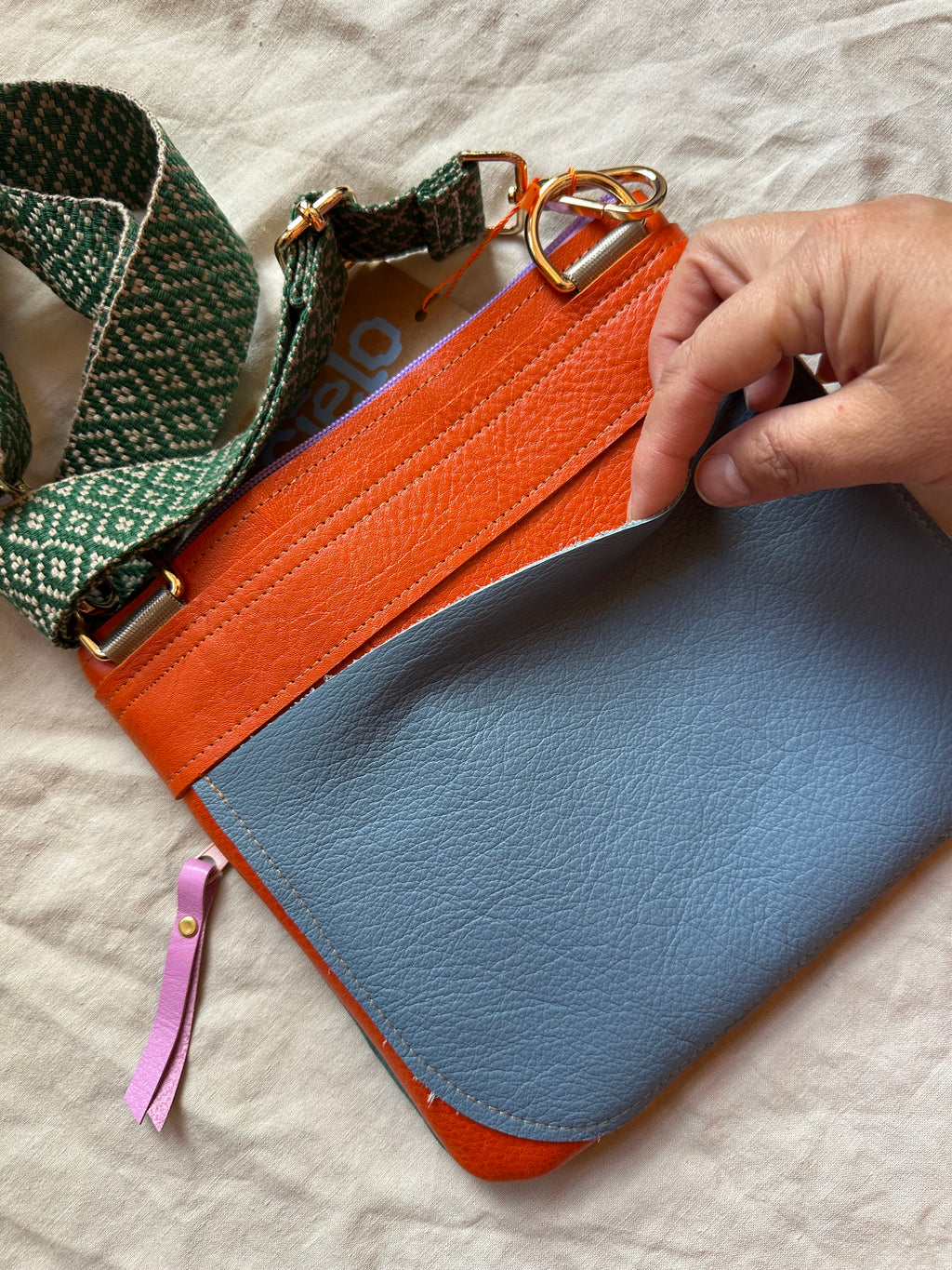 Crossbody Bag • Double Zip • Cream & Teal