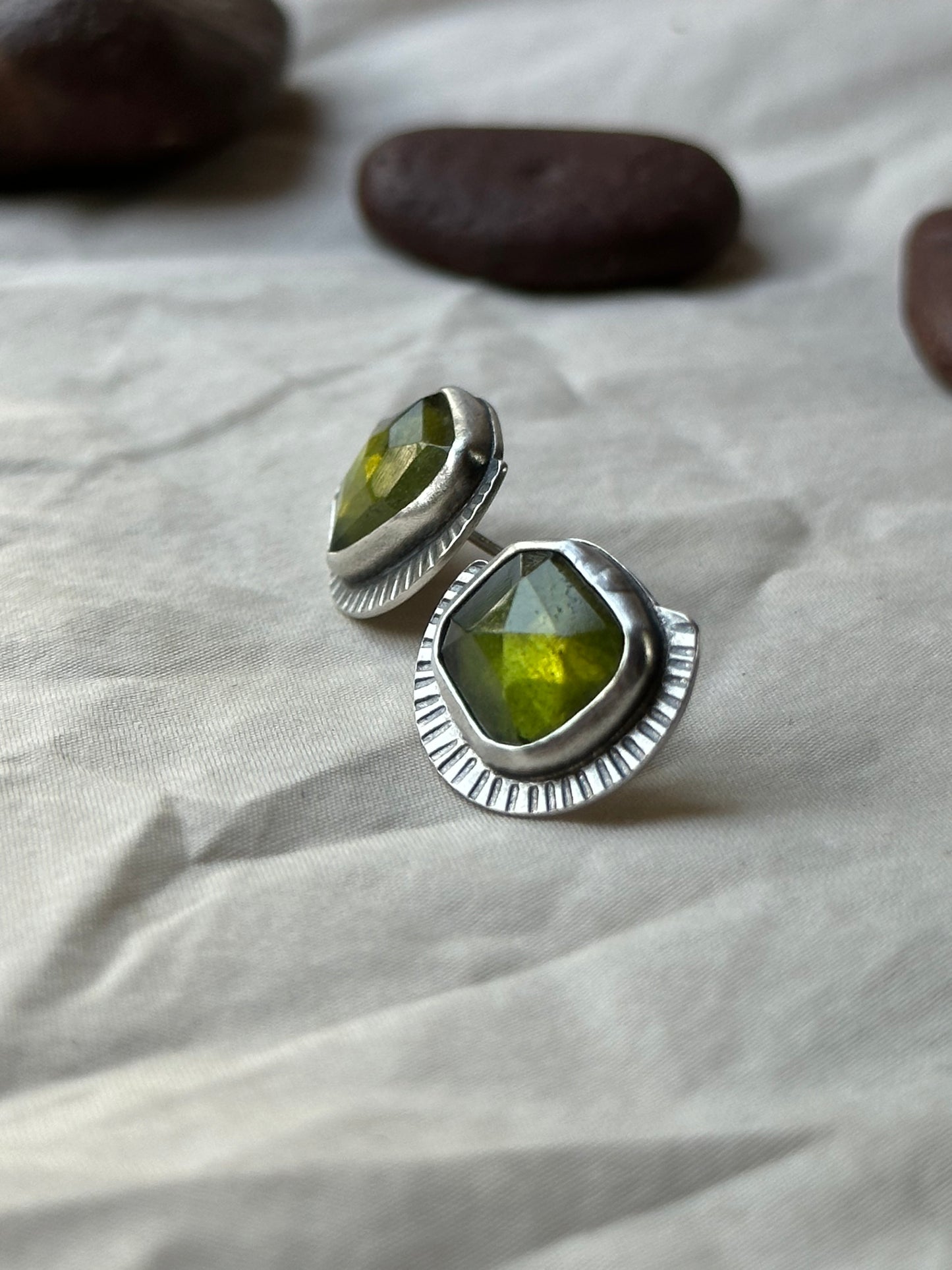 Diopside & Sterling Silver Stud Earrings - Handmade Jewelry