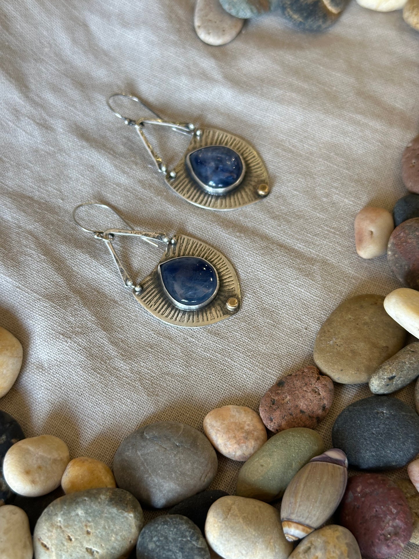 Blue Kyanite Statement Earrings - sterling silver and bronze dot
