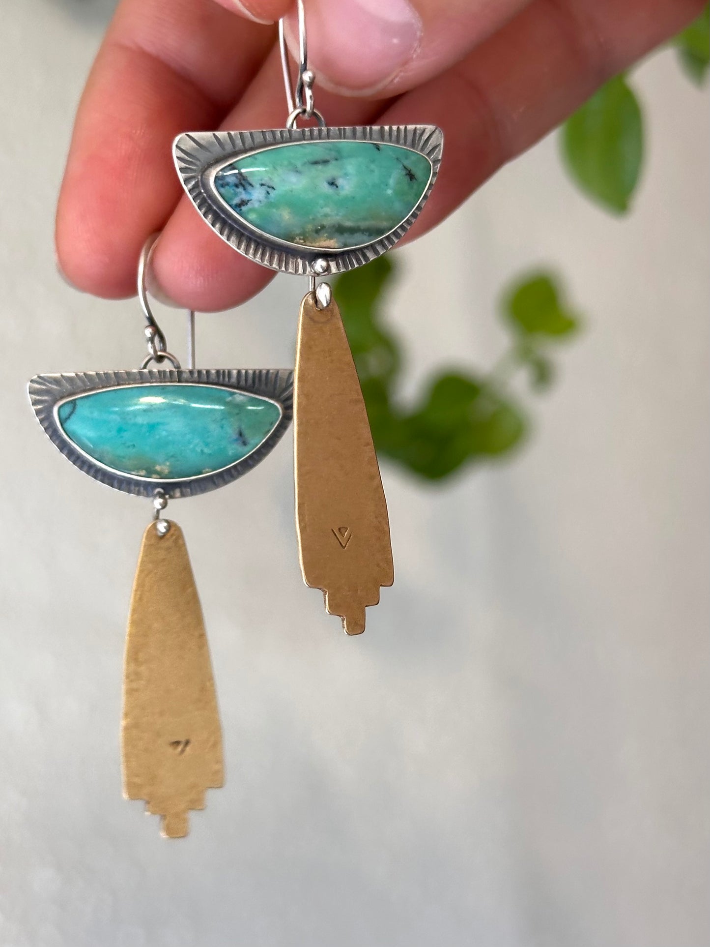 Fossil Opal Wood Rain Earrings - Sterling Silver and Brass