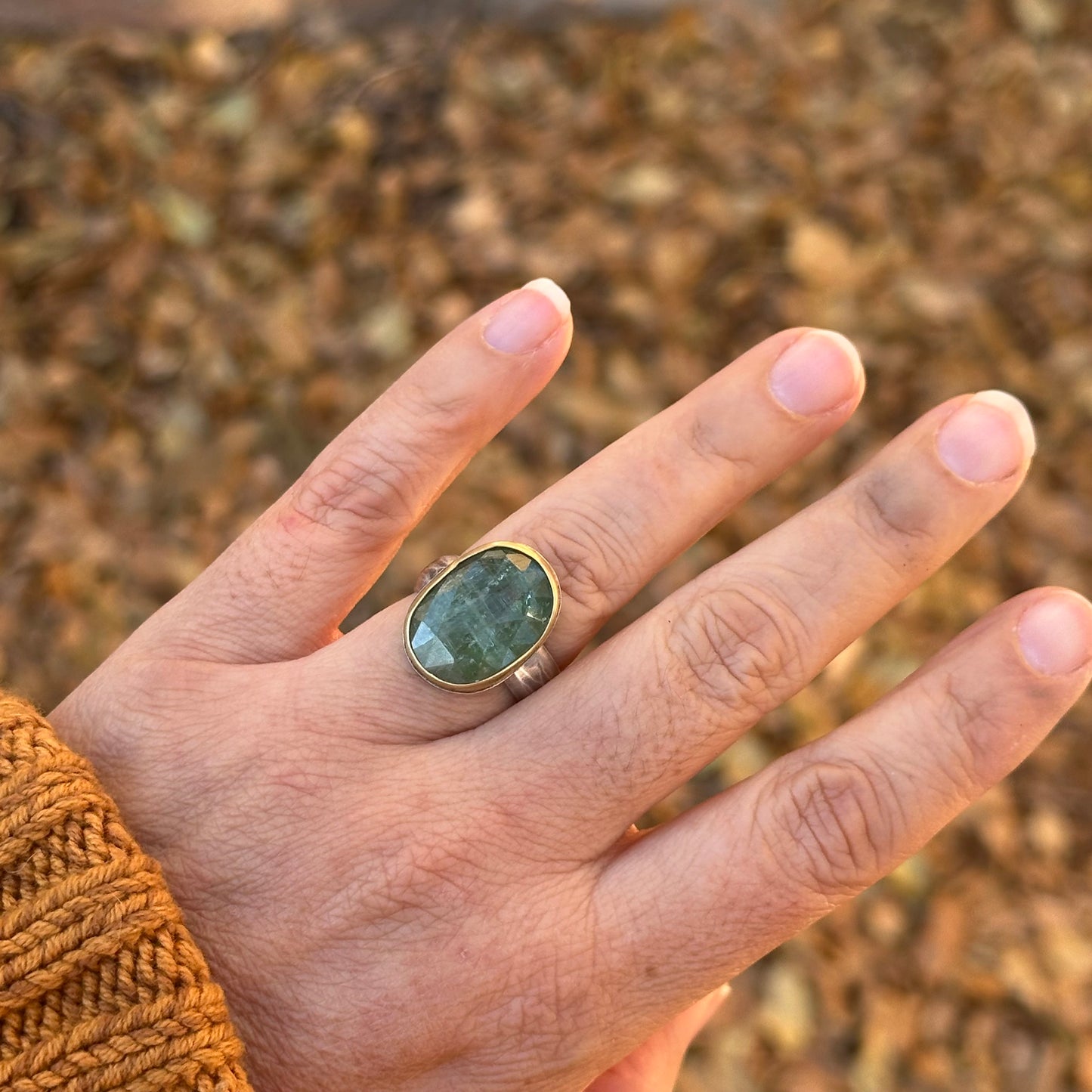 Green Kyanite ~ 22k Gold and Sterling Silver Ring - Size 7.5