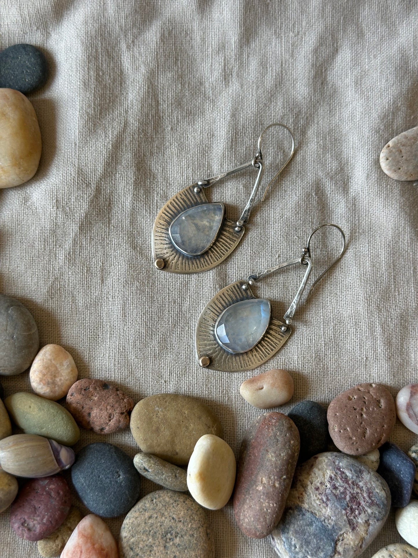 Rainbow Moonstone Statement Earrings - sterling silver and bronze dot
