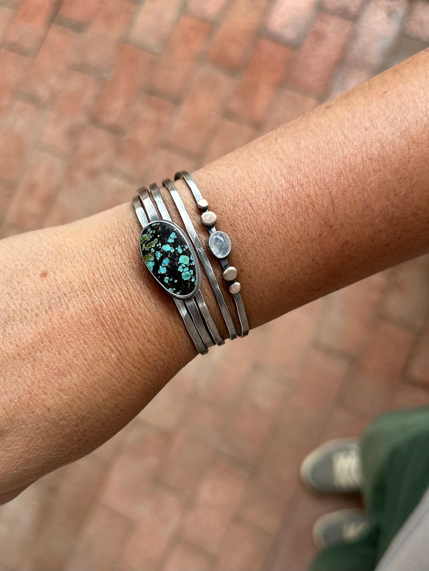 Stacked - Attached Bracelet - Blackjack Turquoise and Rainbow Moonstone- Cuff with Movement - ready to ship