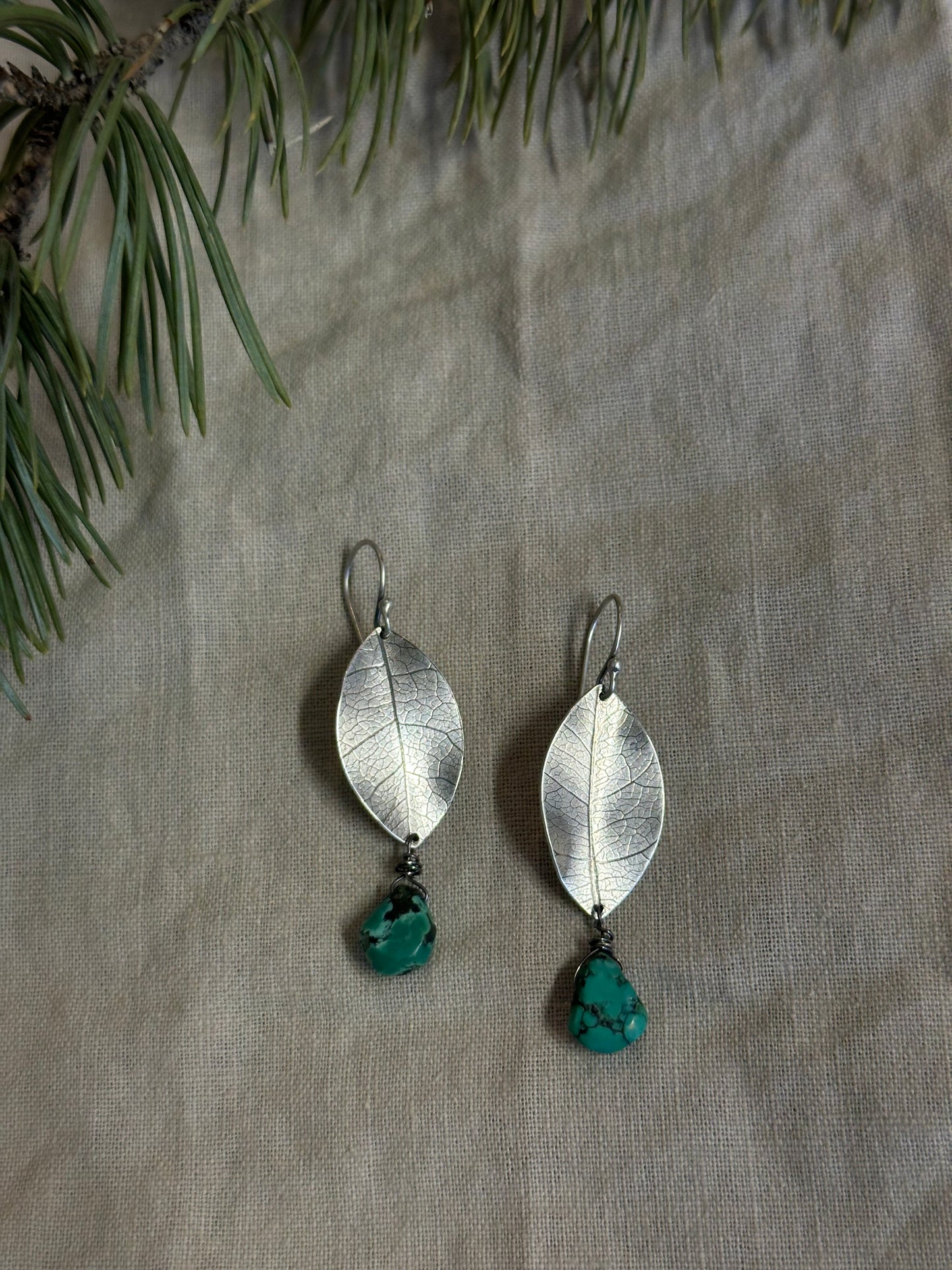 sterling silver leaf earrings  ~ turquoise and Sterling silver