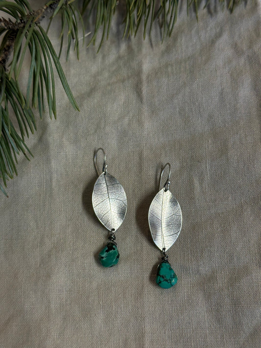 sterling silver leaf earrings  ~ turquoise and Sterling silver