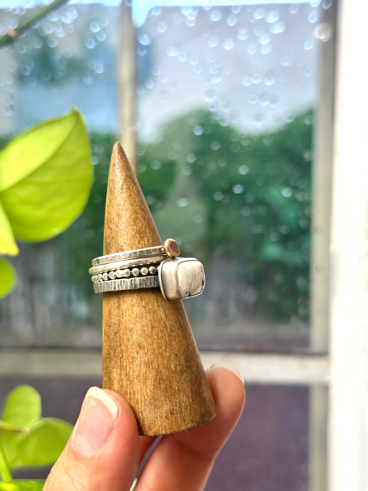 4-piece White Buffalo and Sterling Silver • stackable ring set • set fits size 8