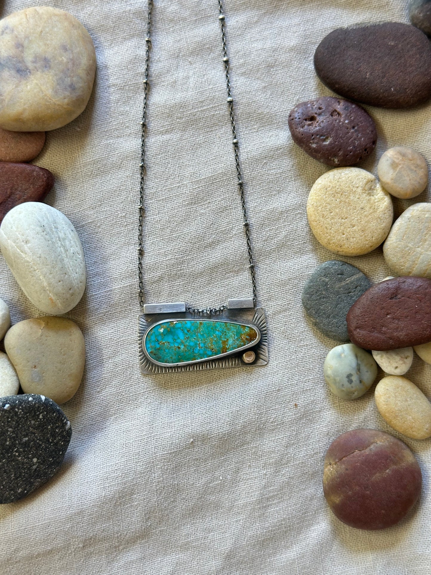 Statement Necklace ~ Kingman Turquoise Necklace ~ sterling silver & bronze dot
