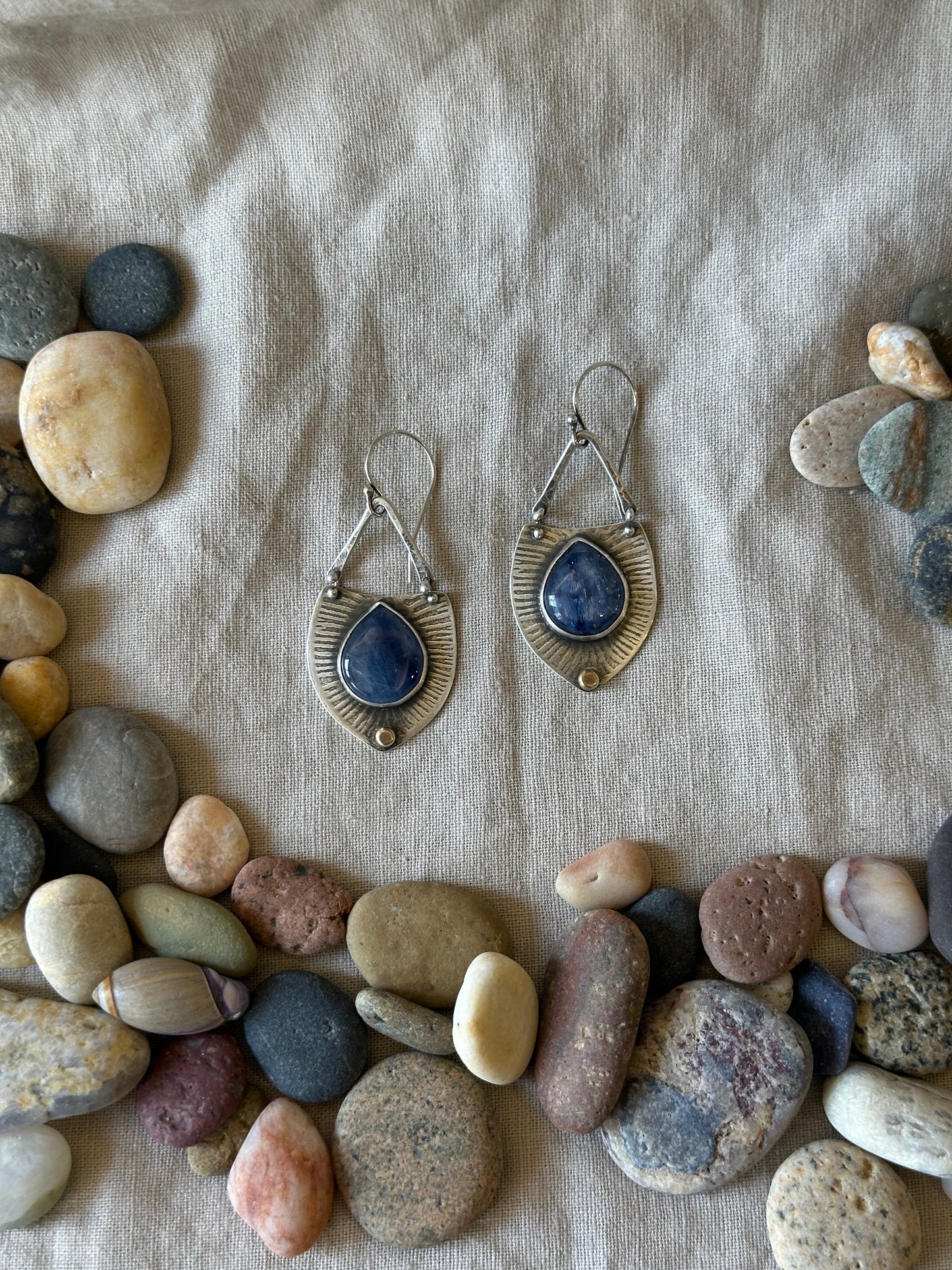 Blue Kyanite Statement Earrings - sterling silver and bronze dot