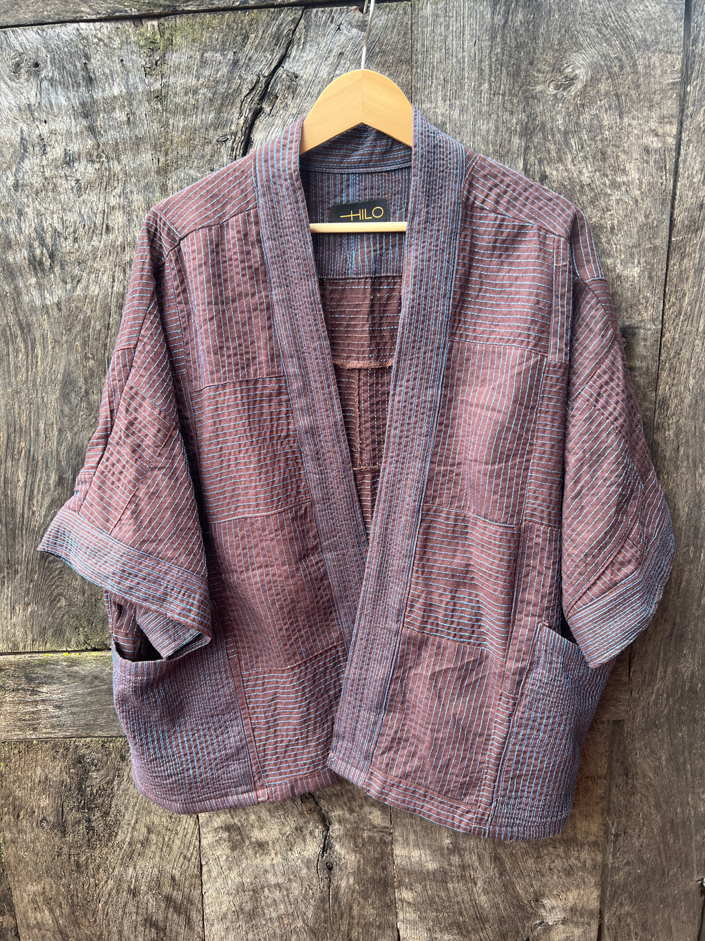 Kimono Brown Linen with sewn lines - short sleeves