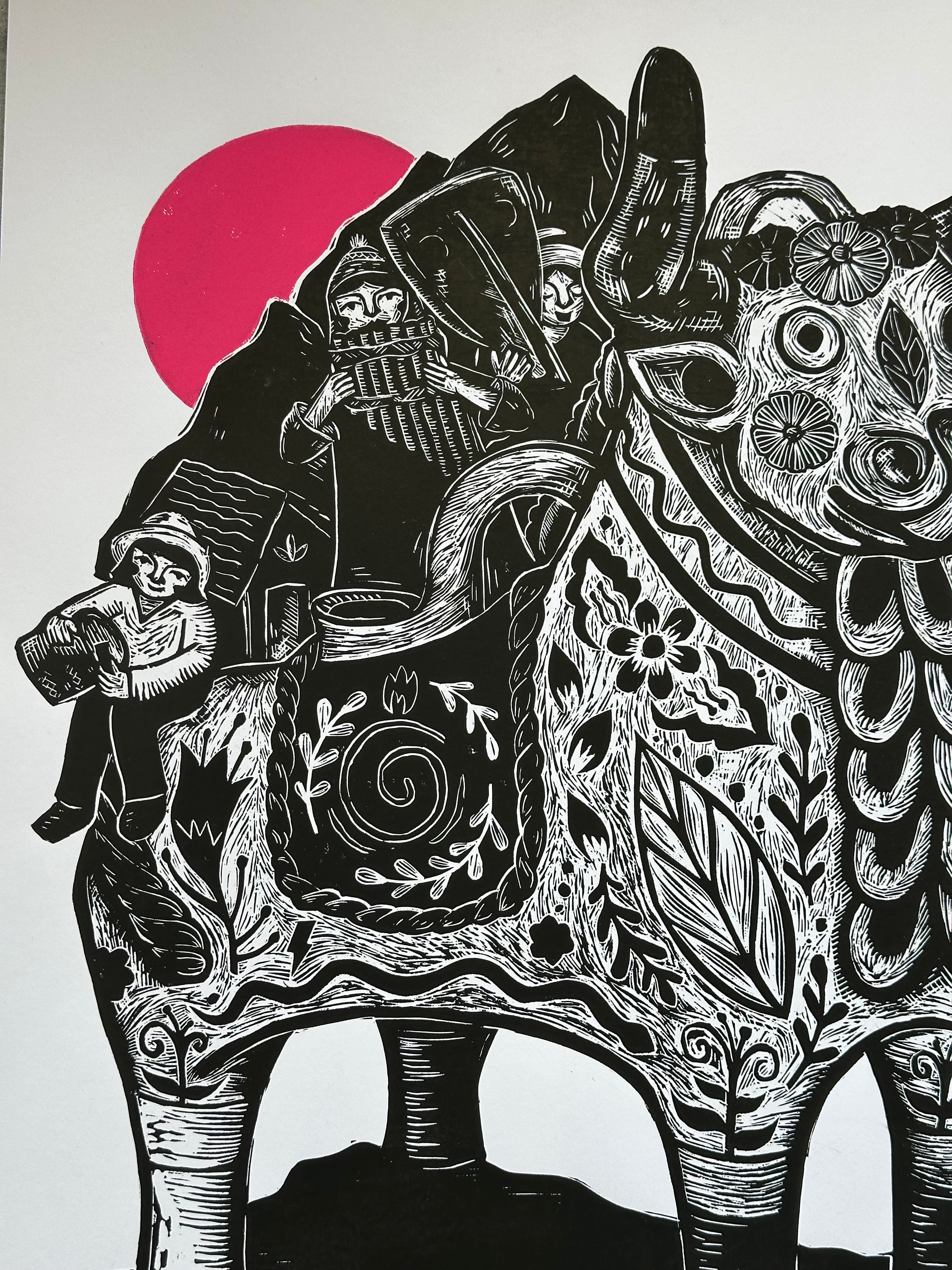Torito con Musicos - Linocut 14”x19.5”
