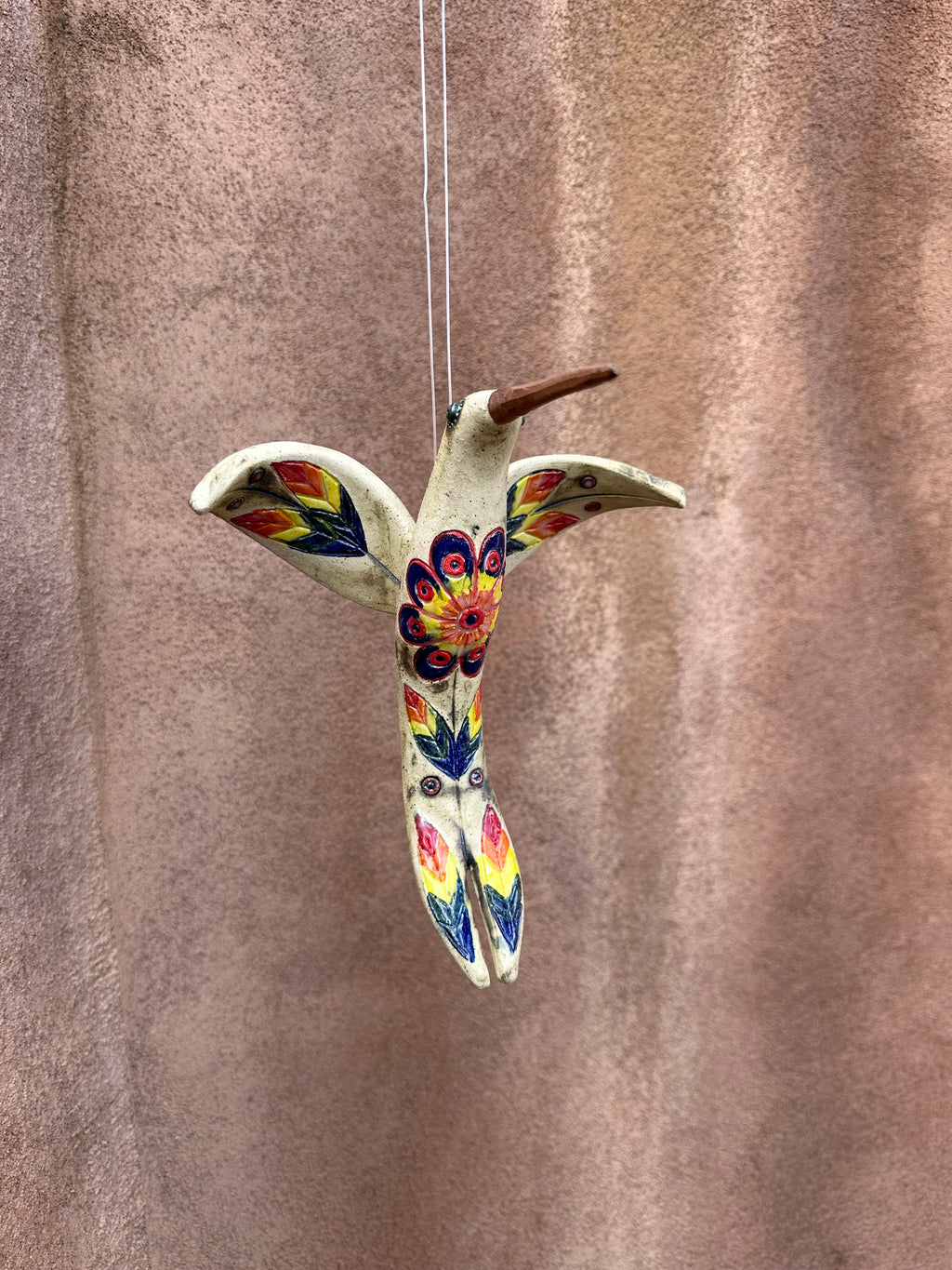 Medium Hanging Hummingbird with Flower Design - Clay Sculpture