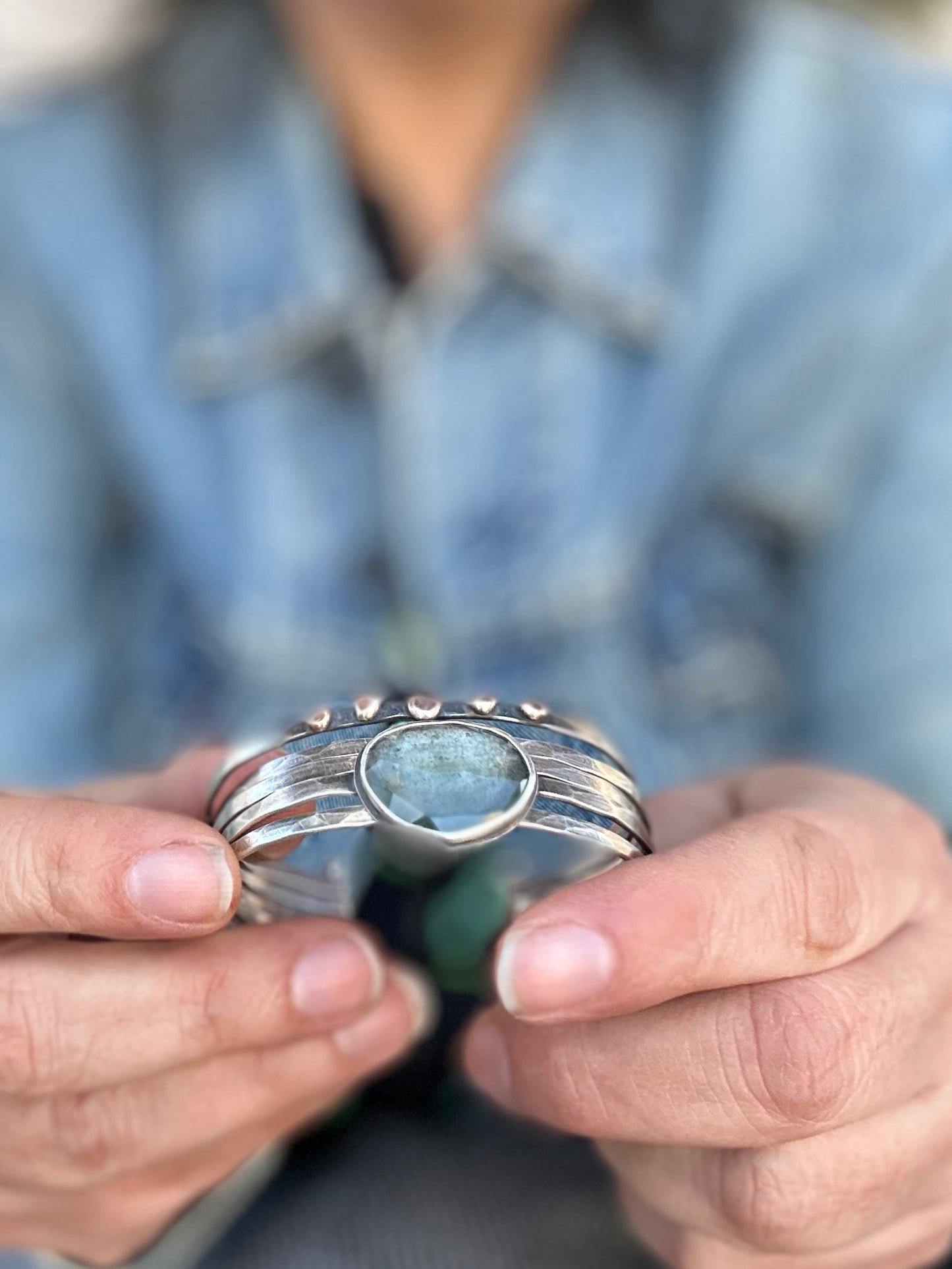 Stacked - Attached Bracelet - Moss Aquamarine ~ Cuff with Movement - ready to ship
