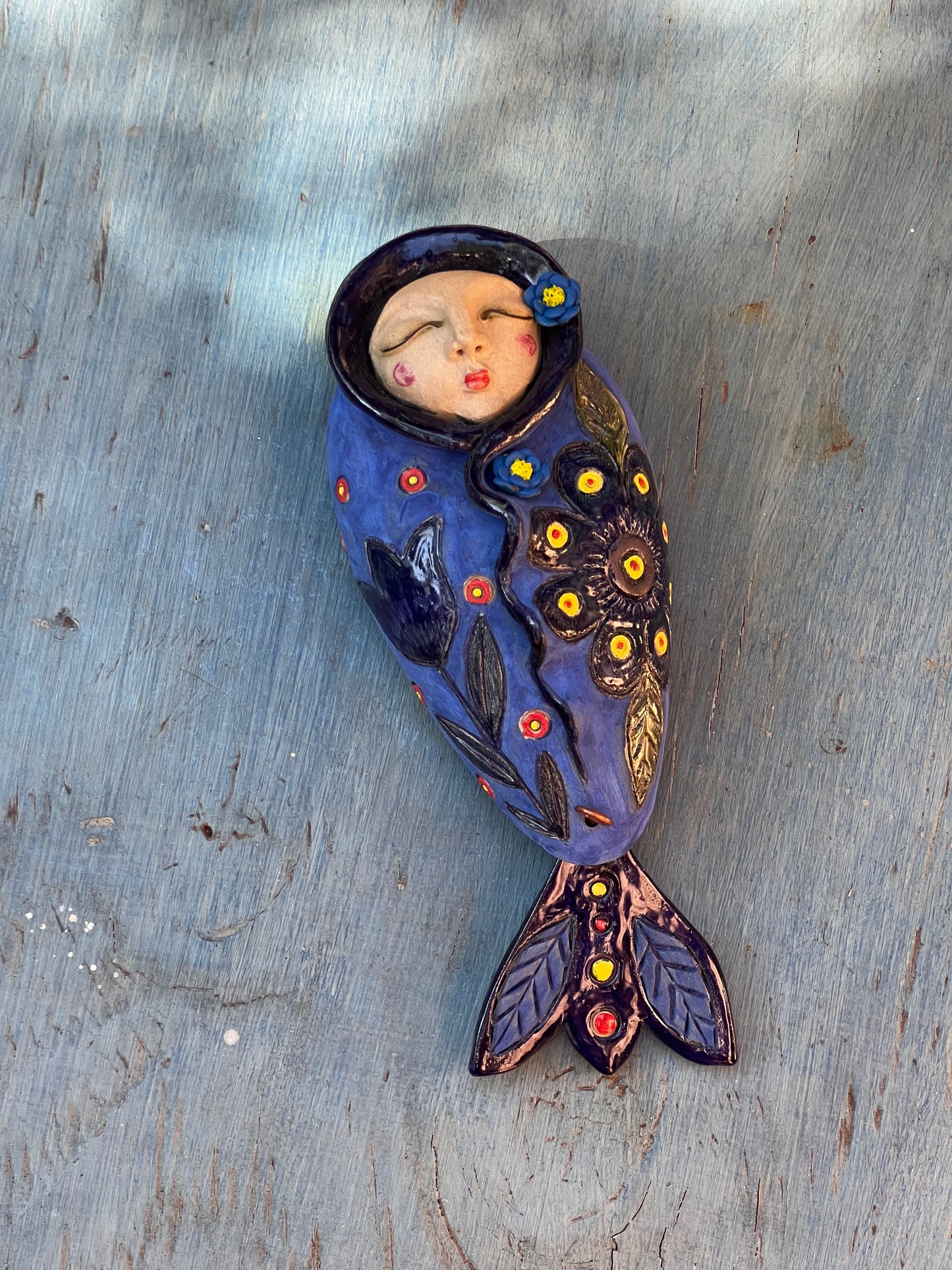 Blue Wawa with fish tail ~ Small ~ art wall sculpture