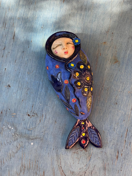 Blue Wawa with fish tail ~ Small ~ art wall sculpture