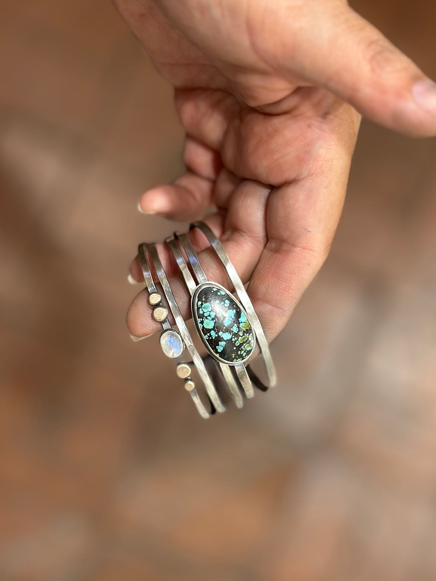 Stacked - Attached Bracelet - Blackjack Turquoise and Rainbow Moonstone- Cuff with Movement - ready to ship