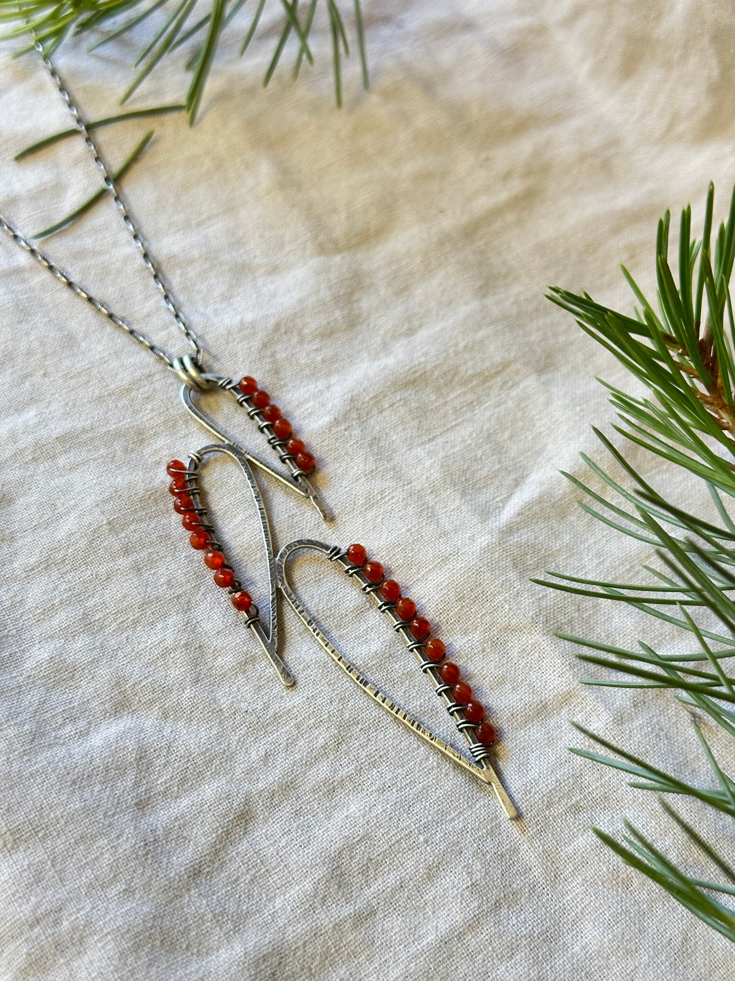 Leaves wrapped with Carnelian beads Pendant Necklace - Long necklace