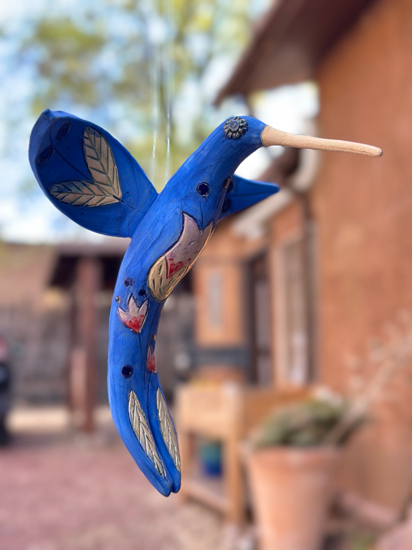 Medium Hanging Hummingbird with Tulip Design - Clay Sculpture