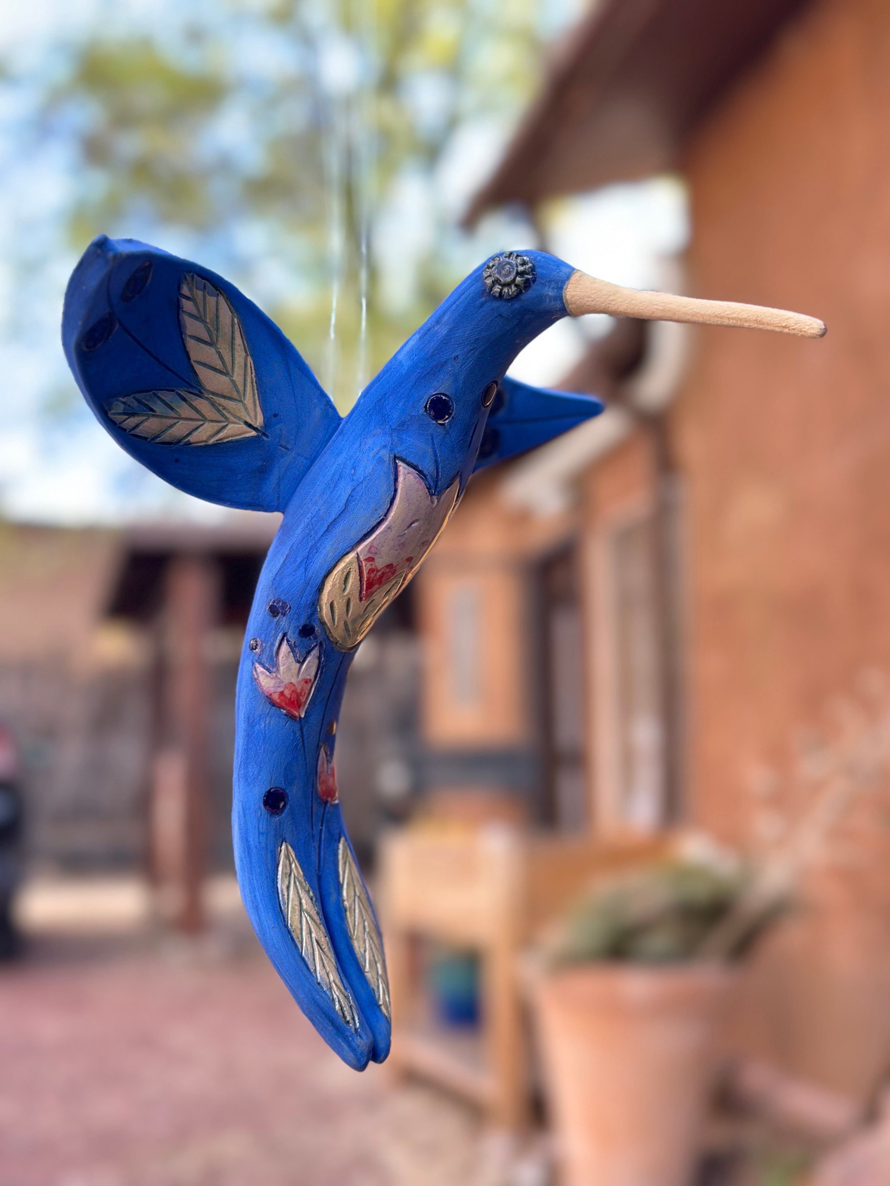 Medium Hanging Hummingbird with Tulip Design - Clay Sculpture