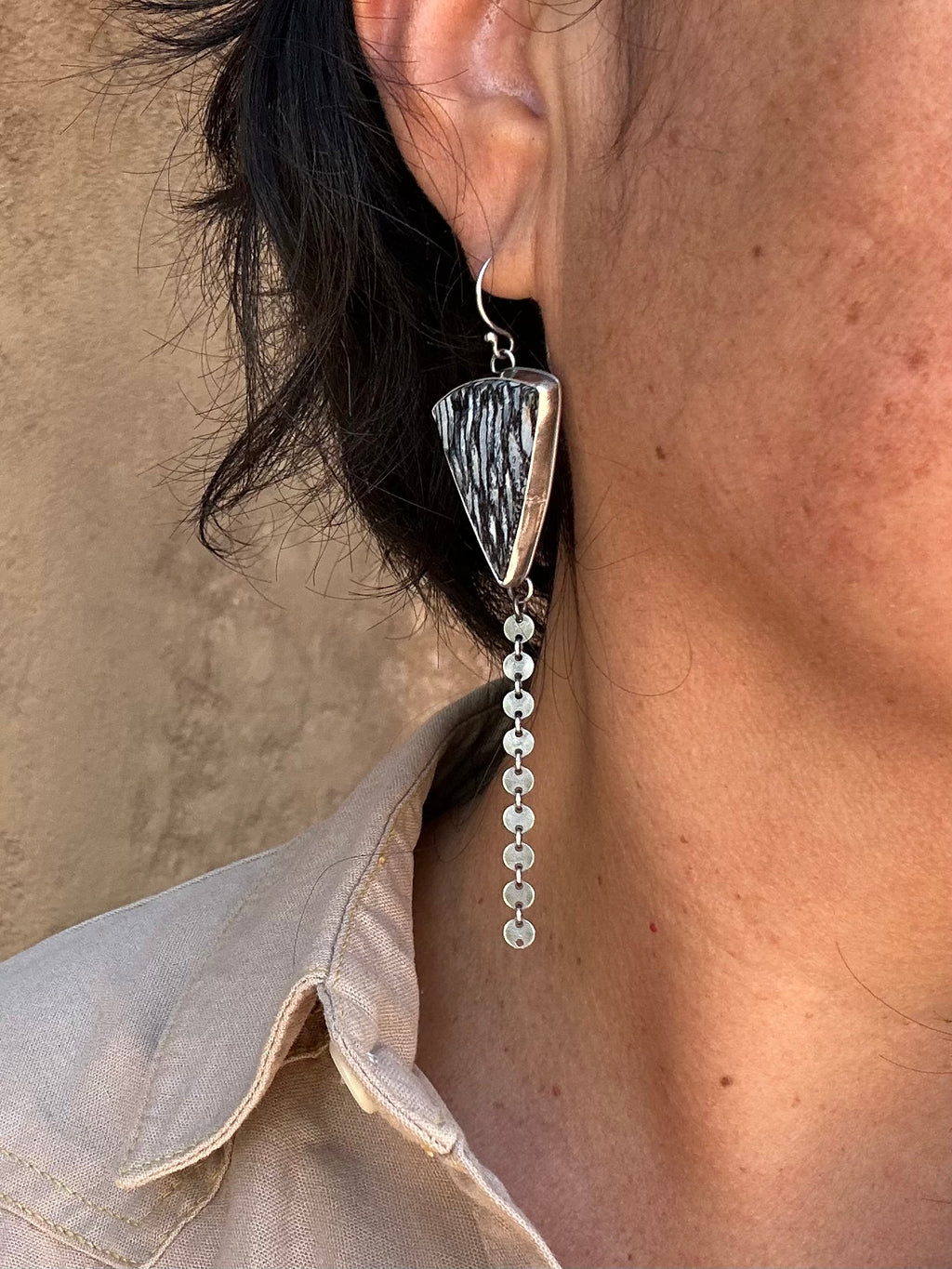Petrified Palm Tree and Sterling Silver Dangle Earrings