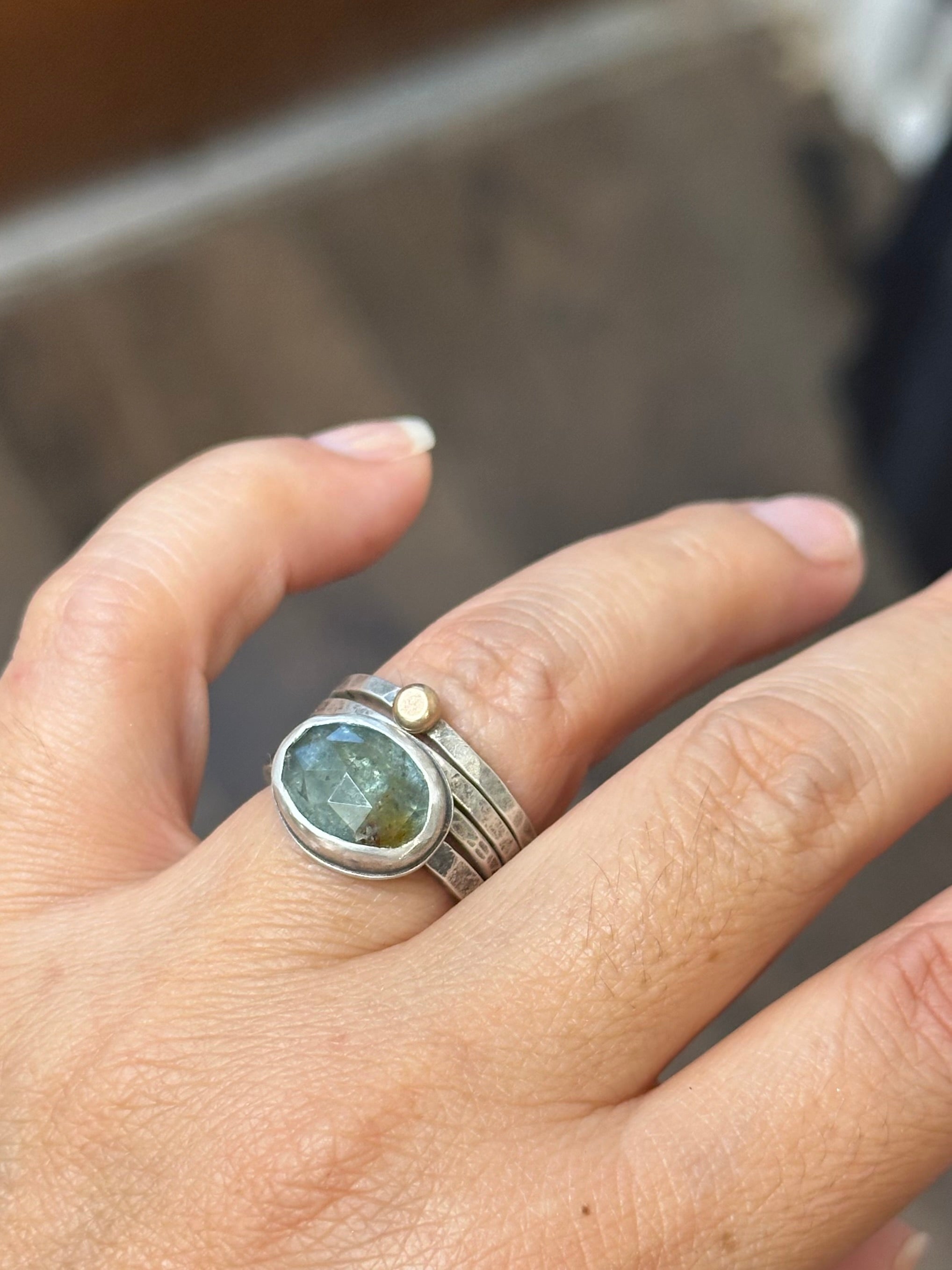 4-piece Moss Aquamarine and Sterling Silver • stackable ring set • set fits size 7