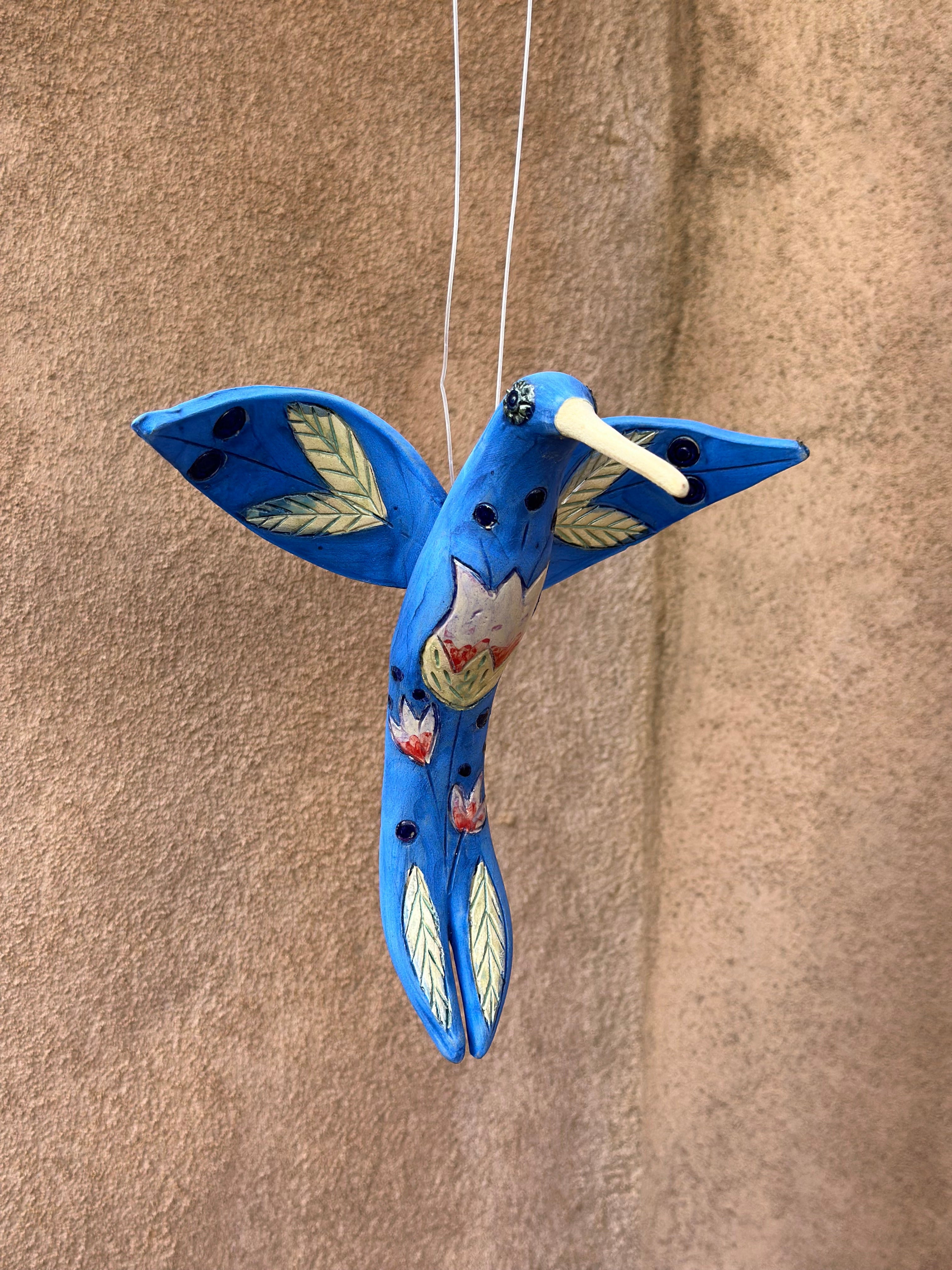 Medium Hanging Hummingbird with Tulip Design - Clay Sculpture
