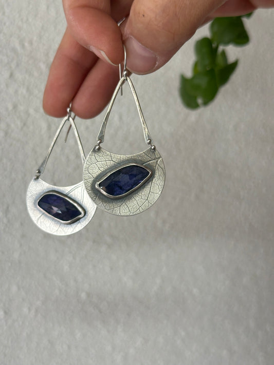 Leaf imprinted Silver earrings set with Tanzanite - Sterling Silver Earrings