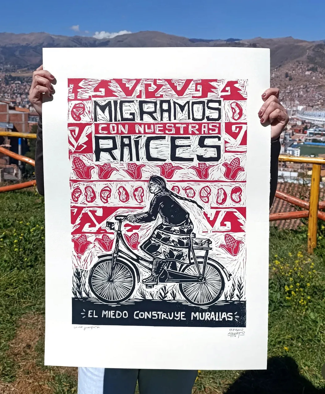 Migramos con Nuestras Raices - Linocut 16.5” x 23.5”