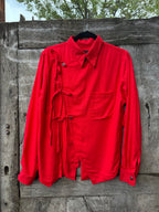 Kimono-Inspired Collared Shirt Open Back - Red Linen