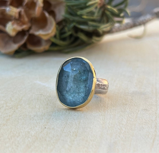 Moss Aquamarine ~ 22k Gold and Sterling Silver Ring - Size 7.25