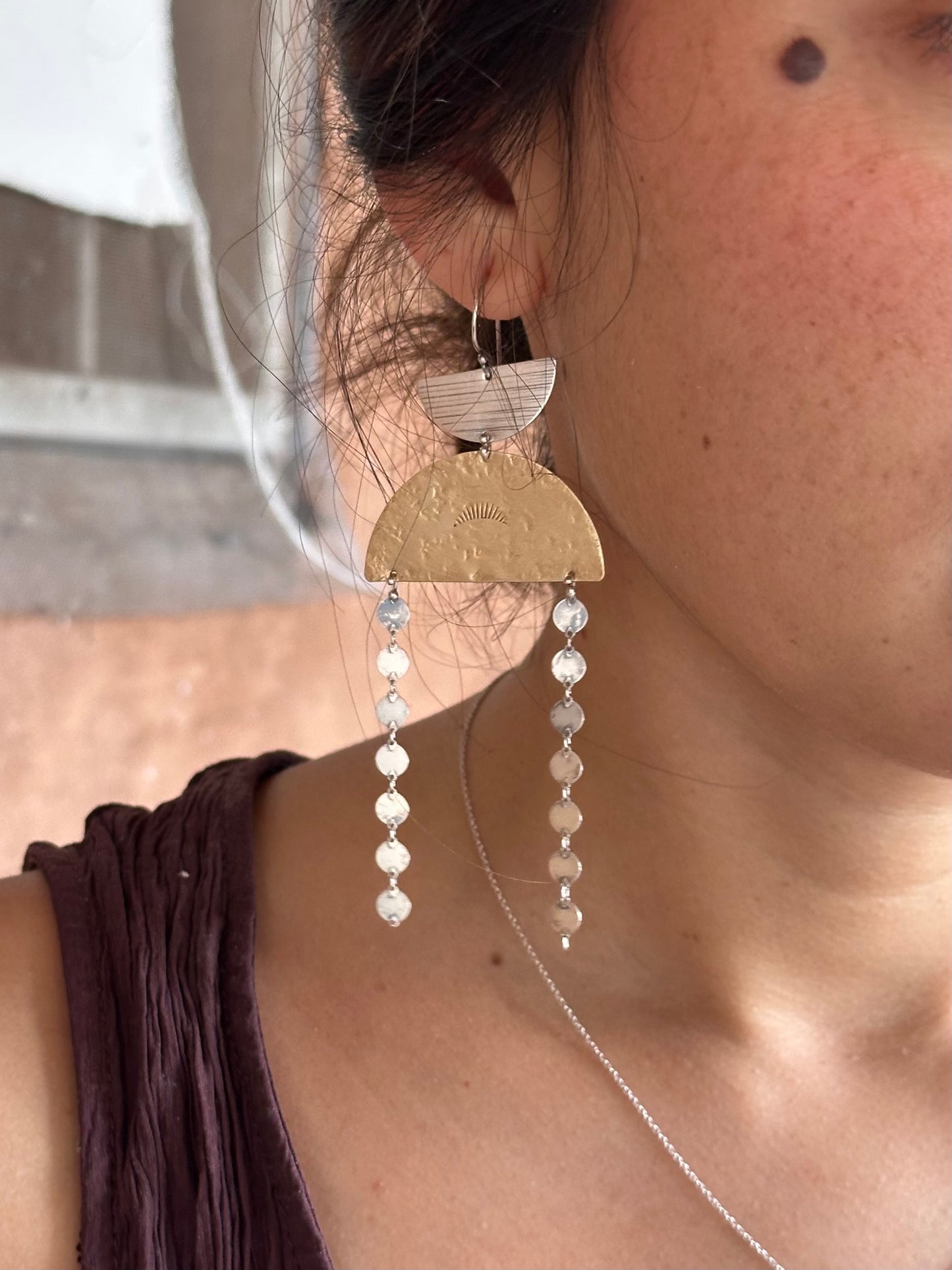 Connected geometric dangle earrings - Sterling Silver and Brass
