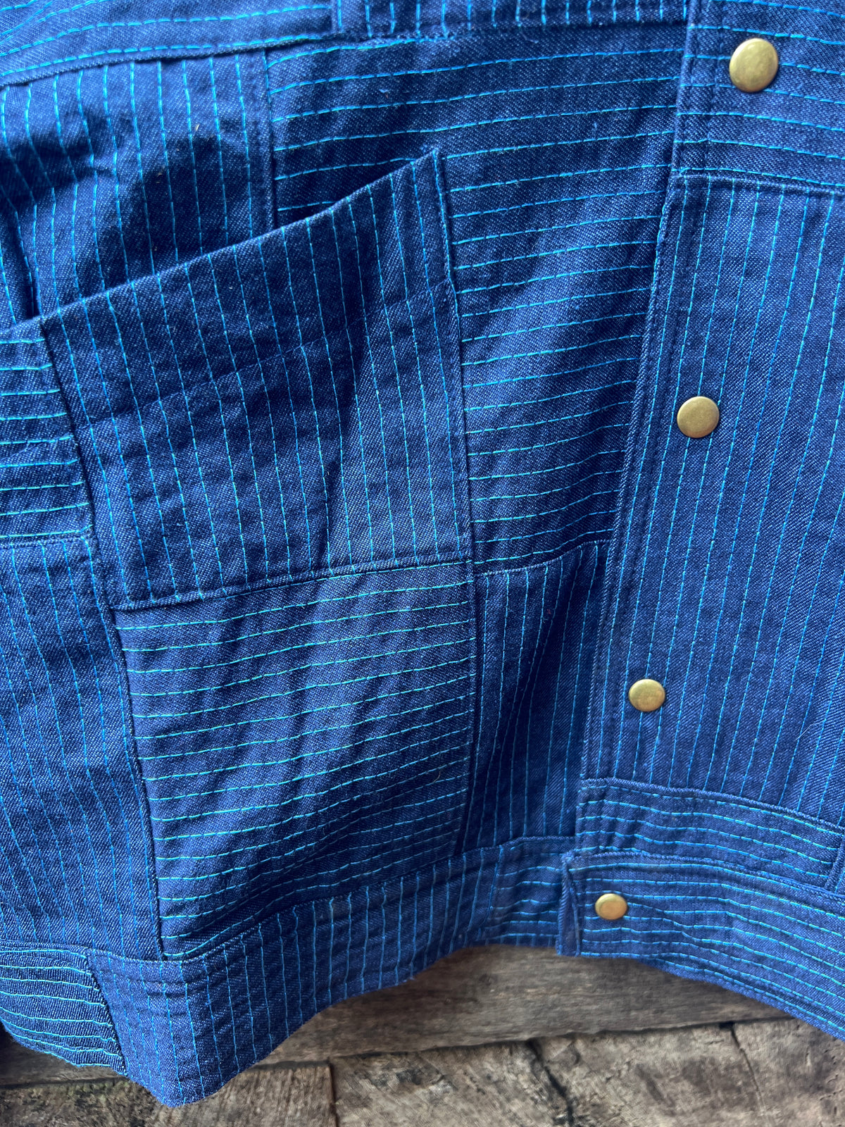 Bomber Patched Jacket - Blue Denim cotton with Turquoise threads