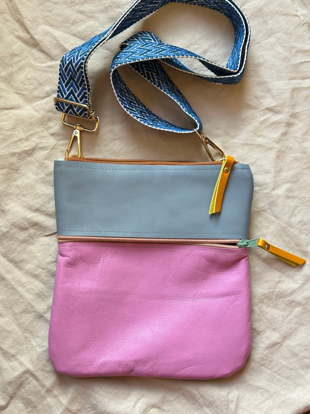 Crossbody Bag • Double Zip • Grey & Pink