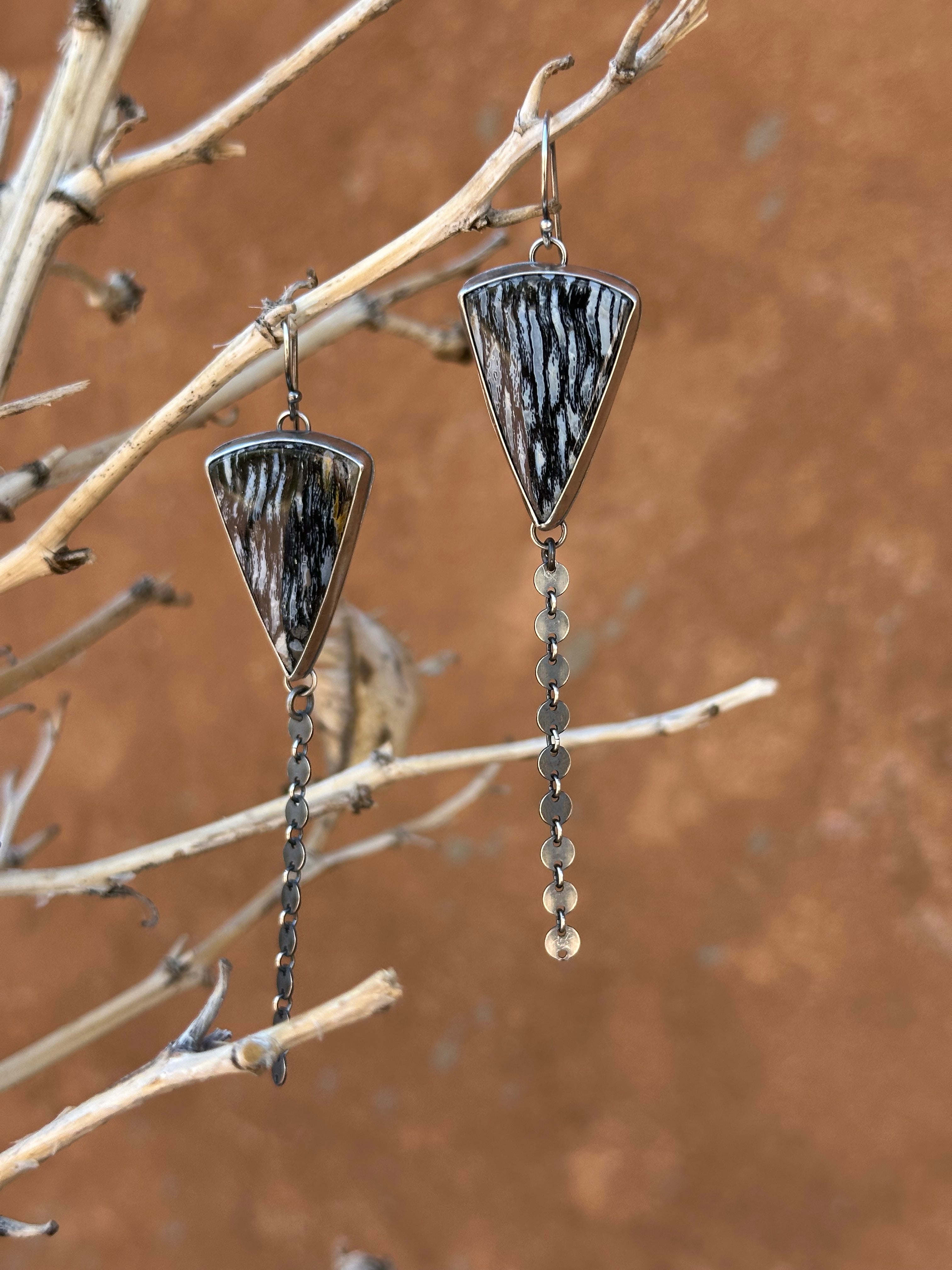 Petrified Palm Tree and Sterling Silver Dangle Earrings