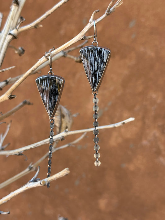 Petrified Palm Tree and Sterling Silver Dangle Earrings