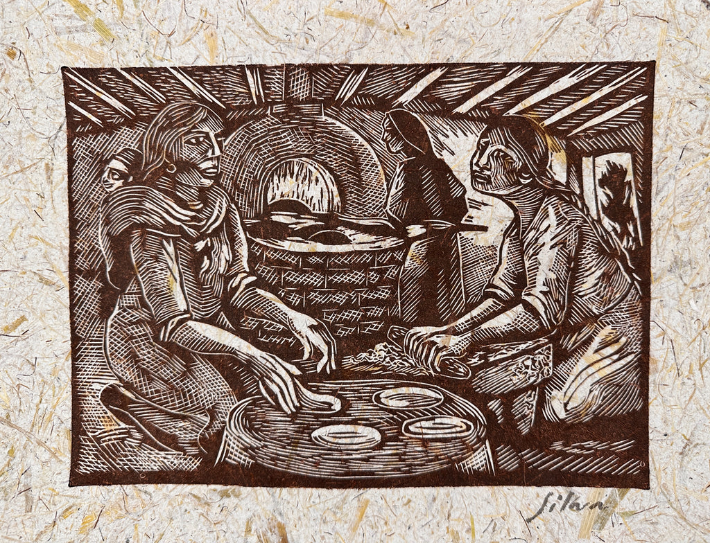 Lino Print ~ corn husk artisanal paper - 13” x 18”