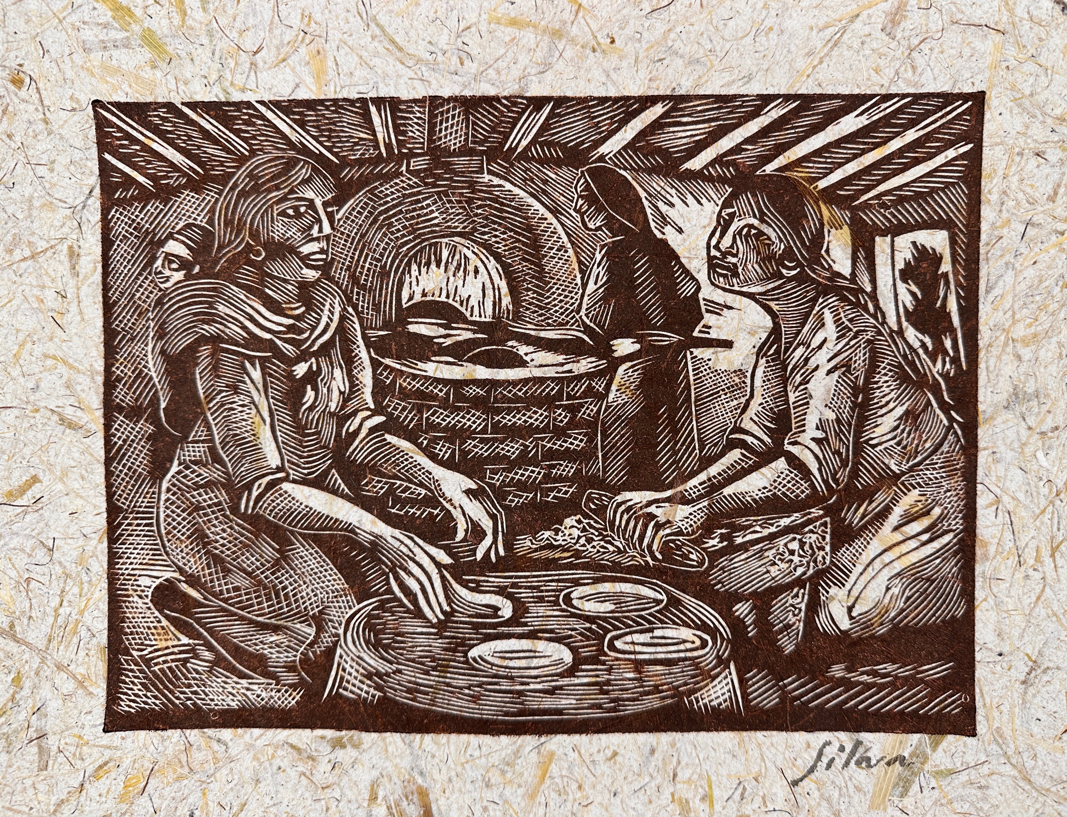 Lino Print ~ corn husk artisanal paper - 13” x 18”