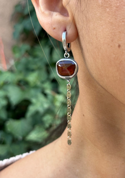 Hoops with Hessonite Garnet and dangling gold filled chain