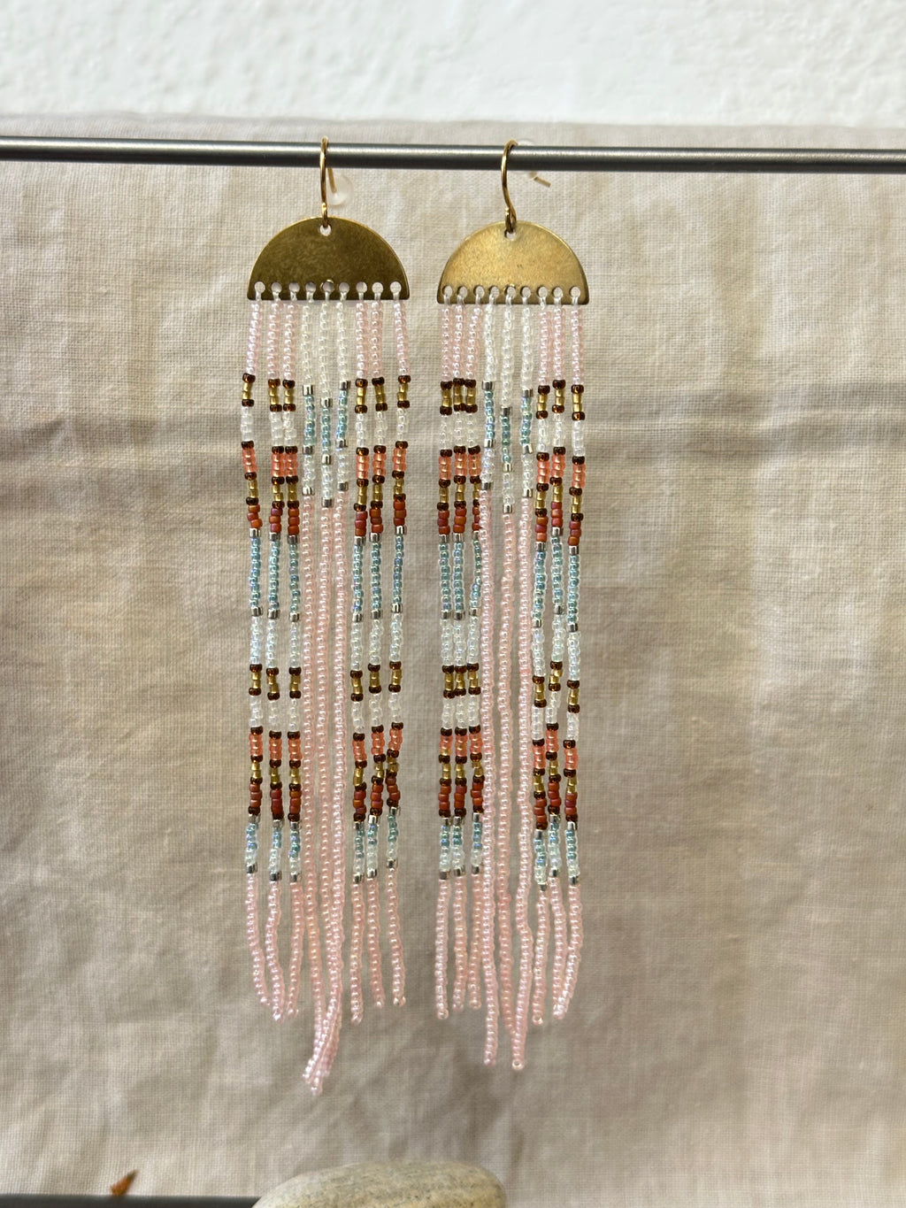 Beaded Fringe Earrings with metal hardware - Pink & brown accents of blue