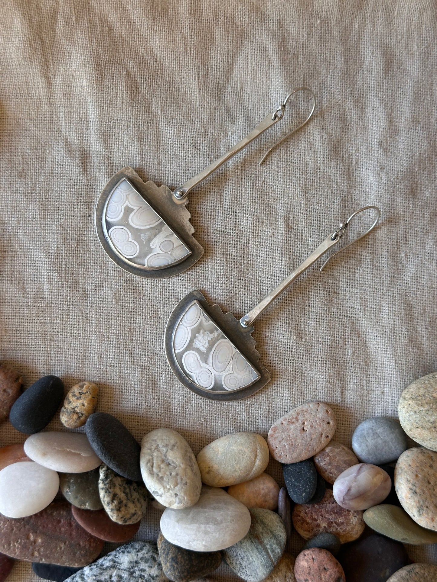Orbicular Agate Shield Earrings - Sterling Silver