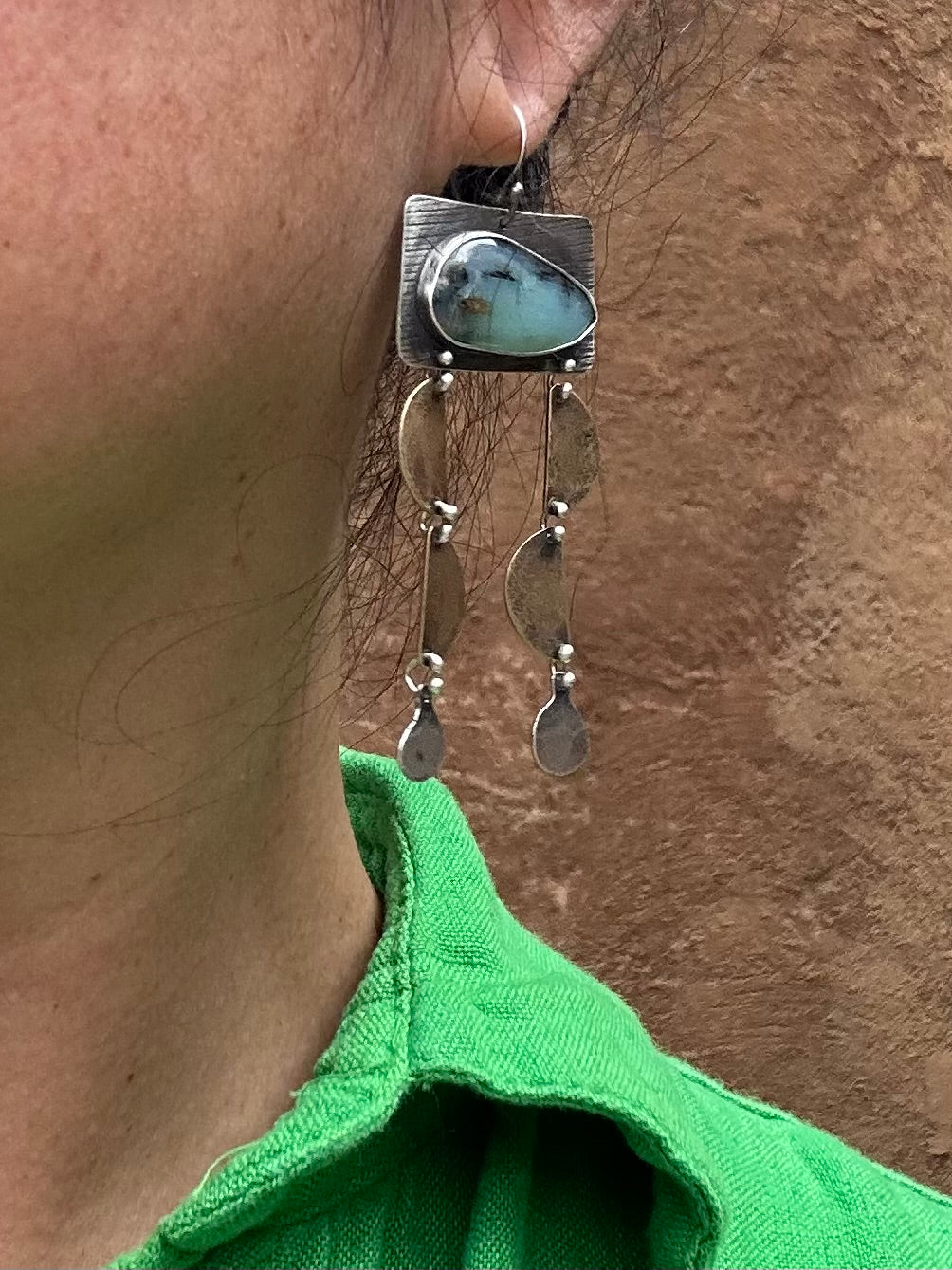 Peruvian Opal Dangle Earrings - Sterling Silver and Bronze