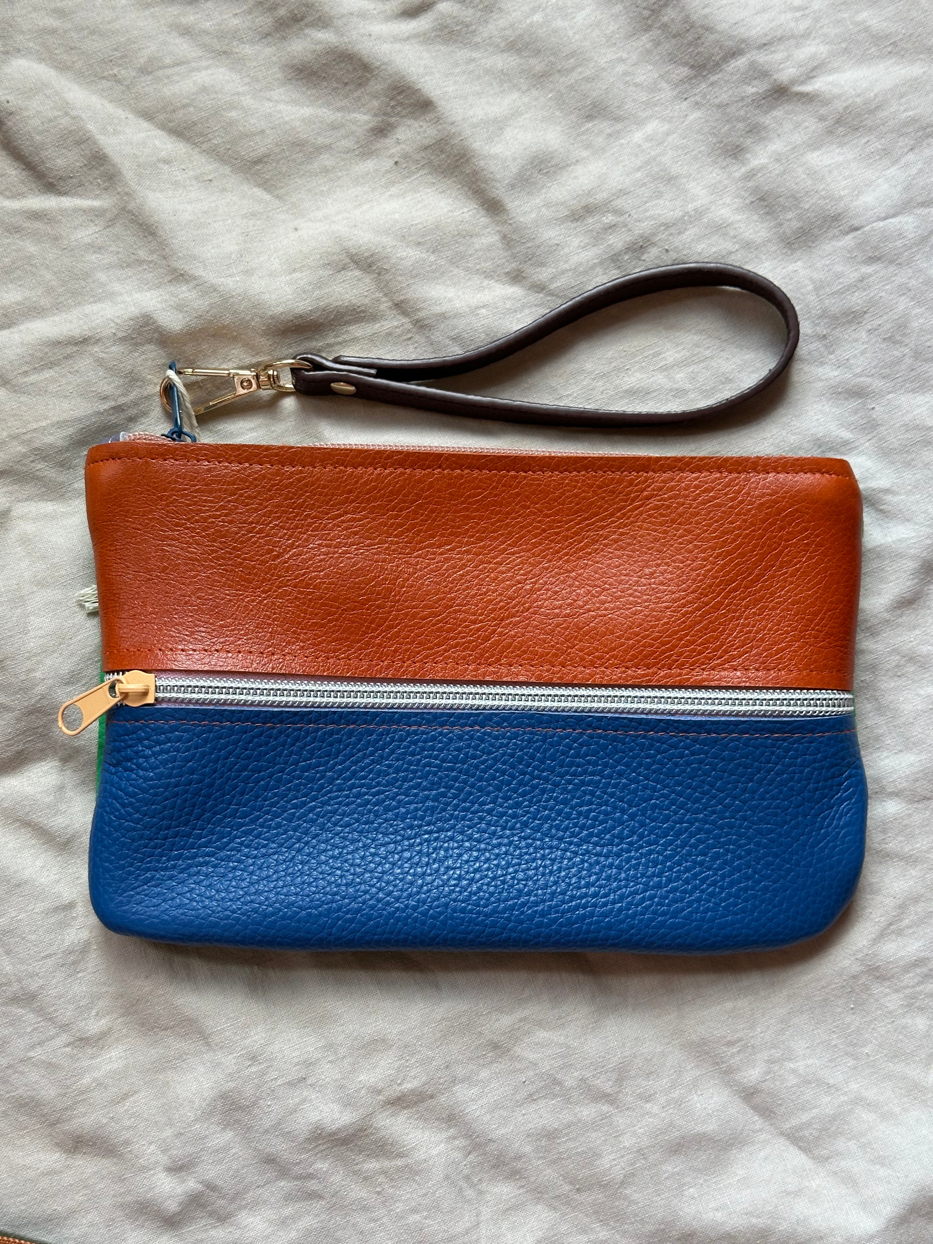 Leather wristlet double zip • color block • 8.5” x 5.5”
