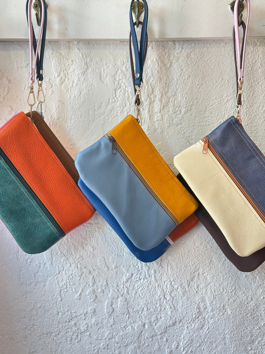 Leather wristlet double zip • color block • 8.5” x 5.5”