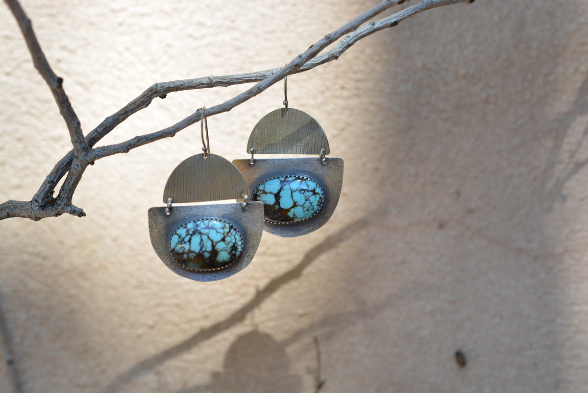Hubei Turquoise Earrings - Sterling Silver and Corn Husk imprinted Brass