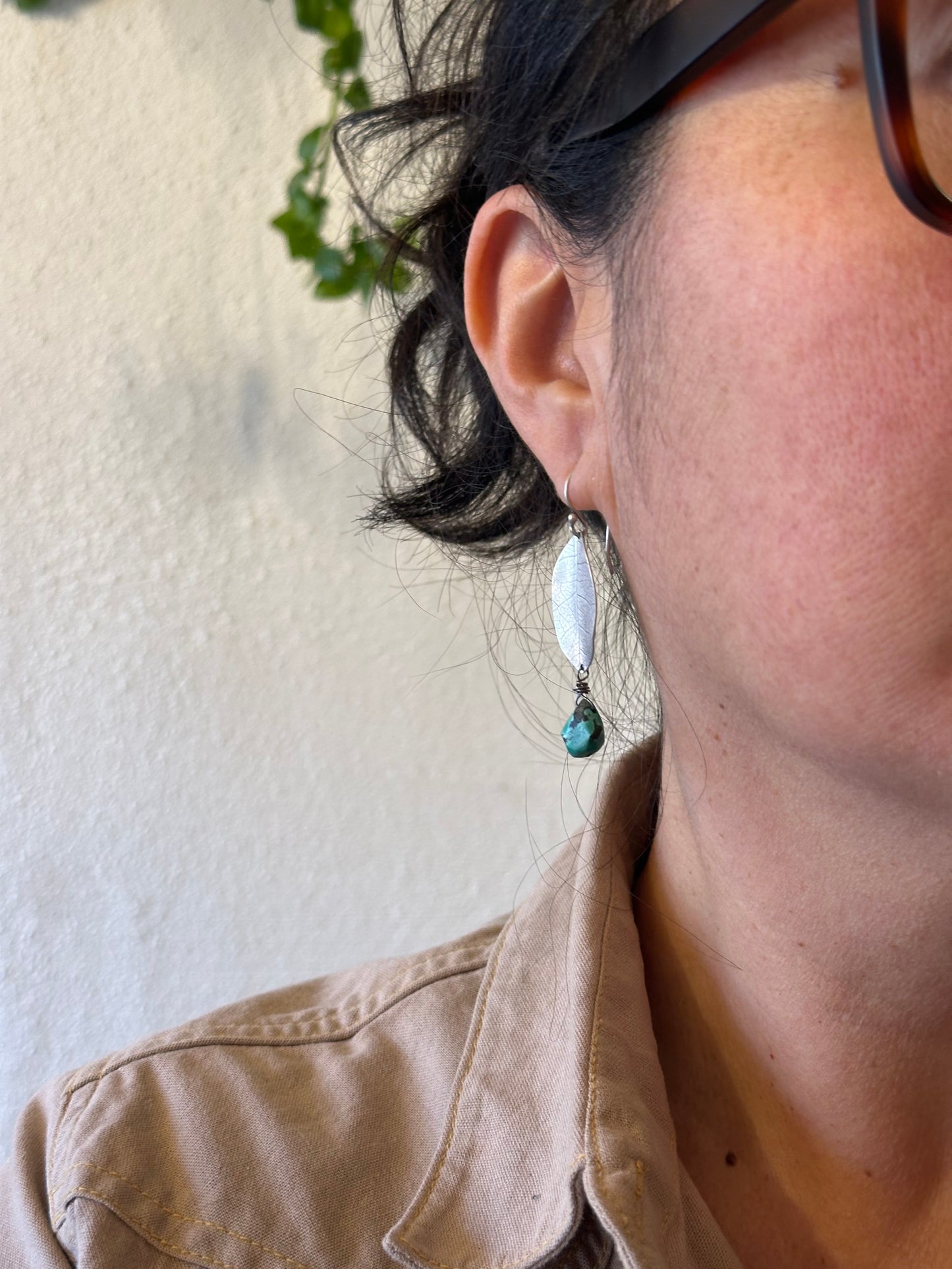 sterling silver leaf earrings  ~ turquoise and Sterling silver