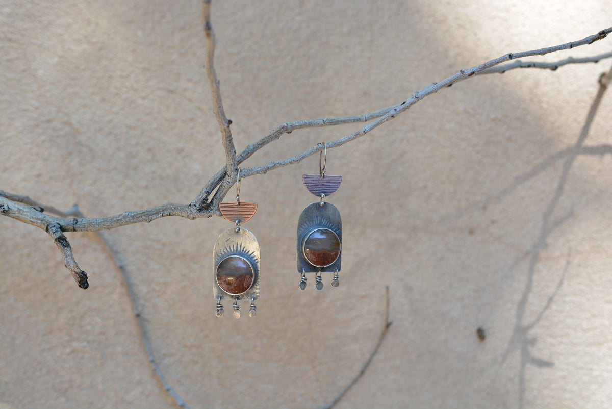 Mexican Flame Agate Earrings - sterling silver and Copper