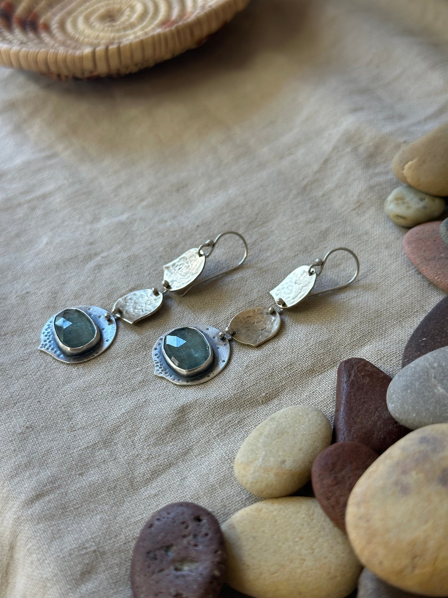 Aqua Kyanite leaves Dangle Earrings - Sterling Silver and brass