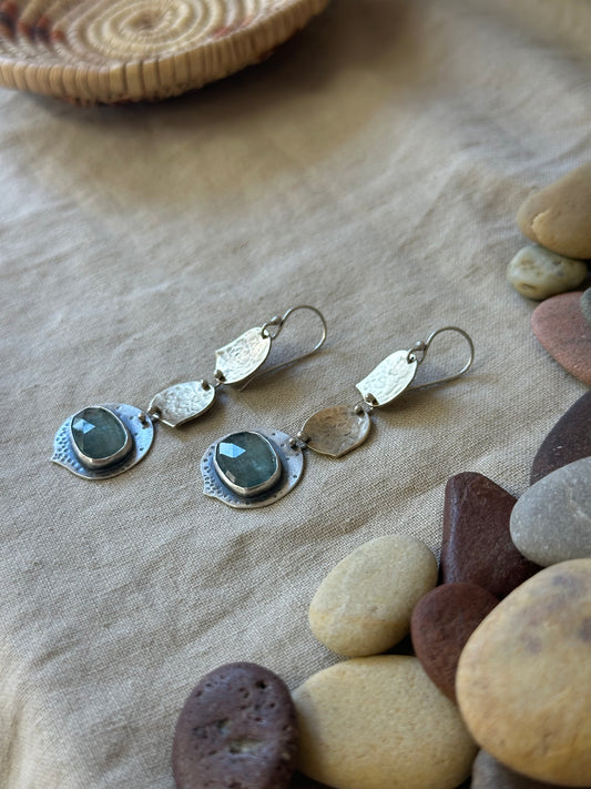 Aqua Kyanite leaves Dangle Earrings - Sterling Silver and brass