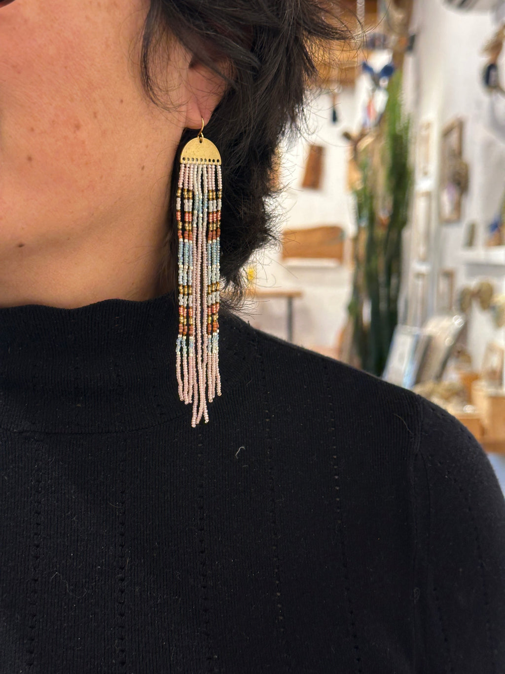 Beaded Fringe Earrings with metal hardware - Pink & brown accents of blue